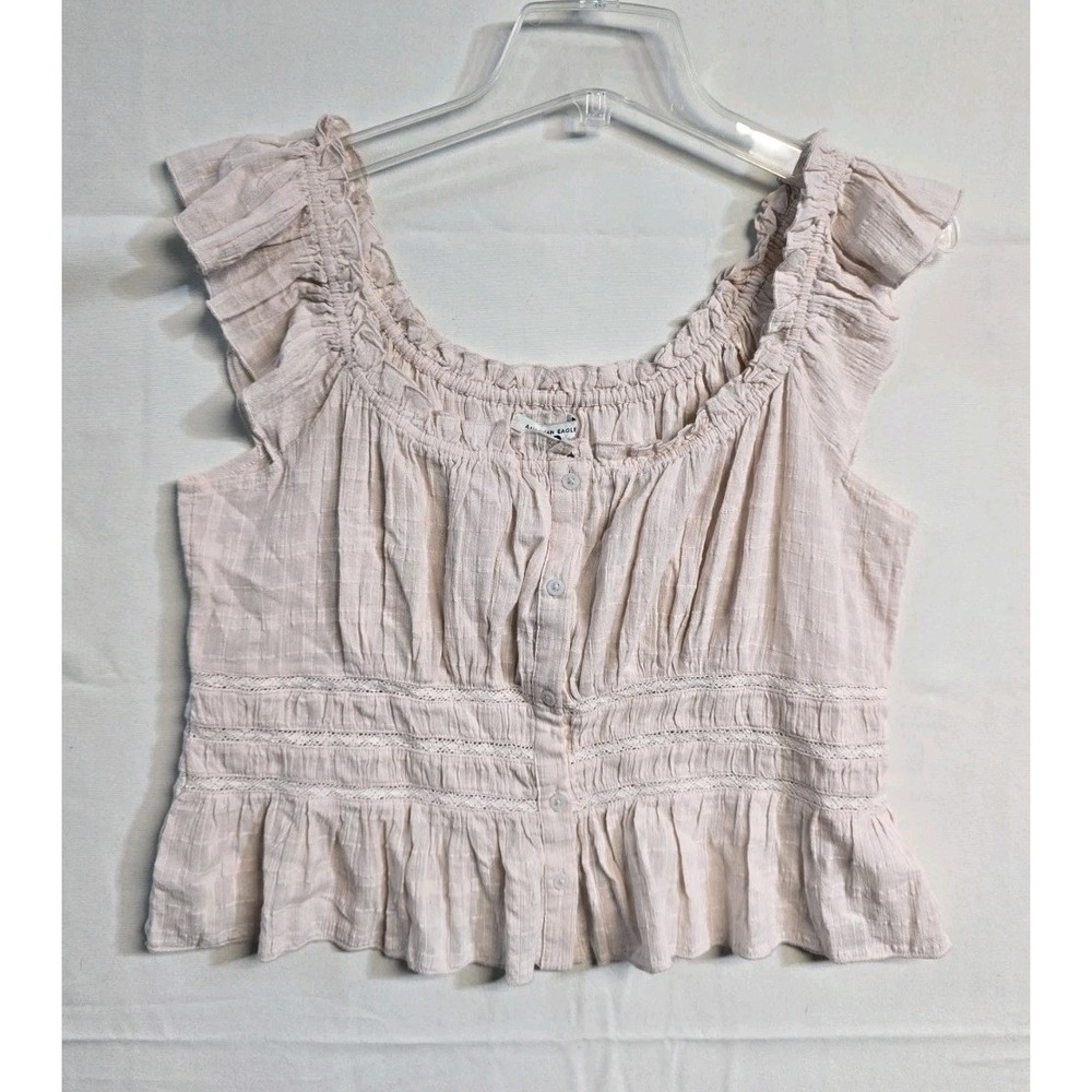 American Eagle Women's Smocked Crochet Blouse  Light Pink L NWT